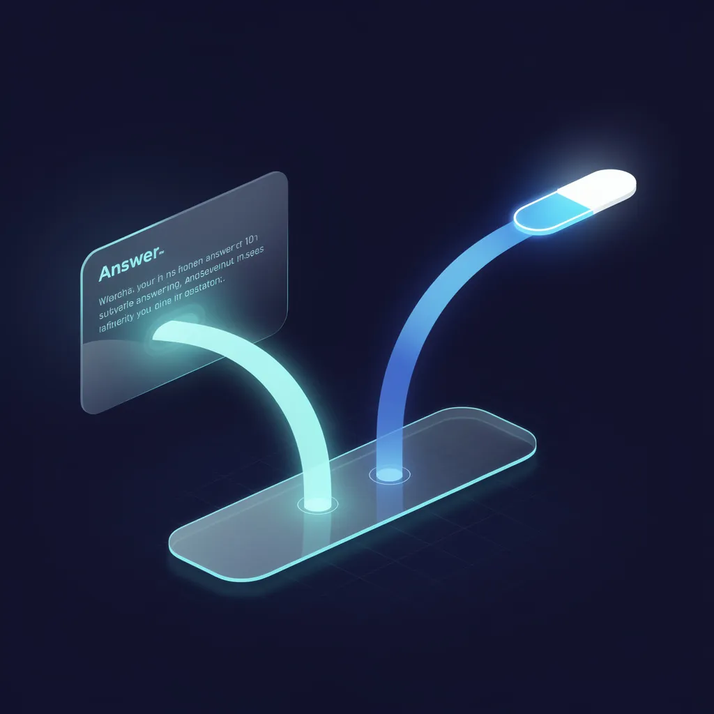 Ilustración del artículo: dos caminos de luz que salen de un mismo buscador, uno se apaga dentro de un panel de respuesta y otro continúa hasta un punto de destino.