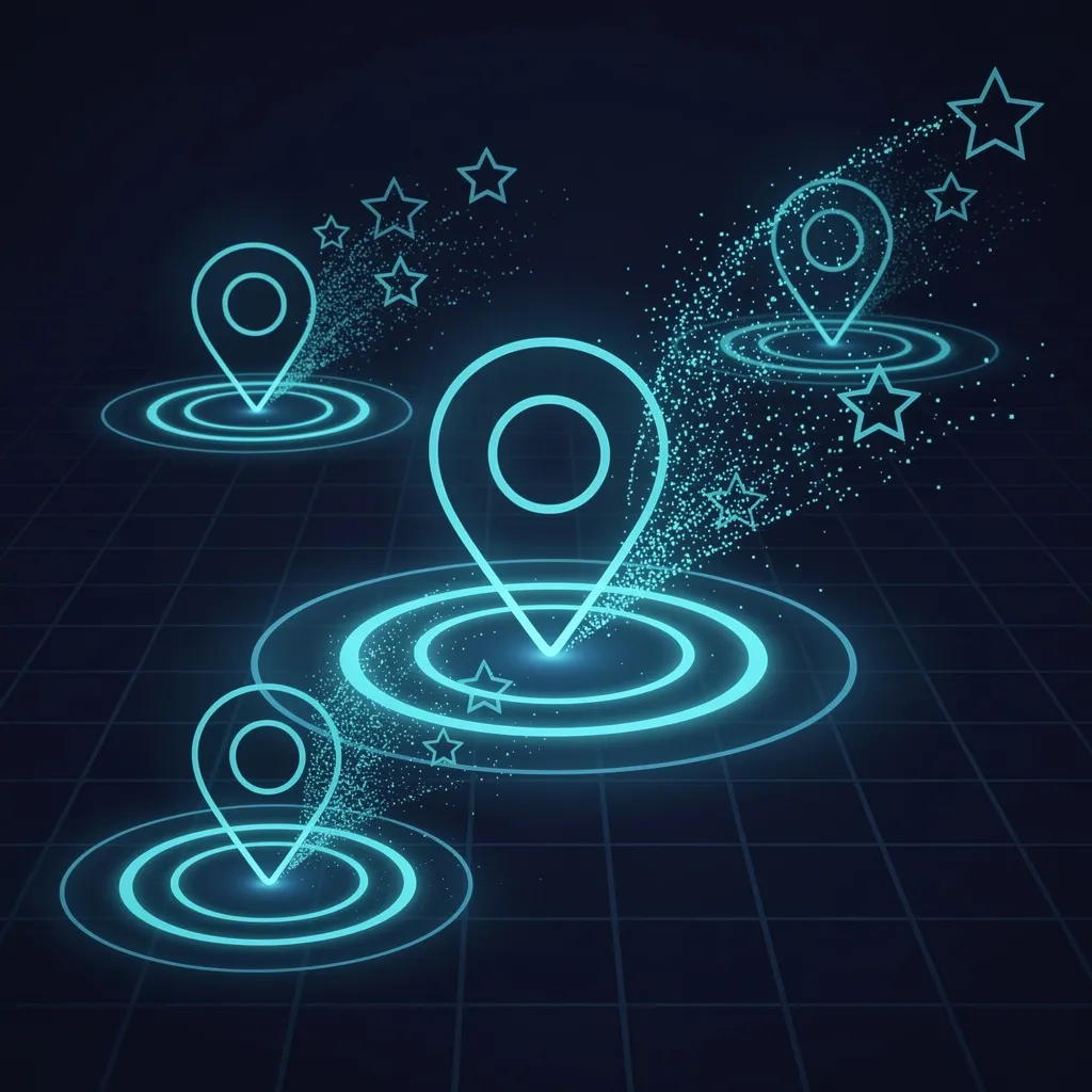 Ilustración del artículo: ficha de Google Maps con pin de ubicación y estrellas de reseñas flotando