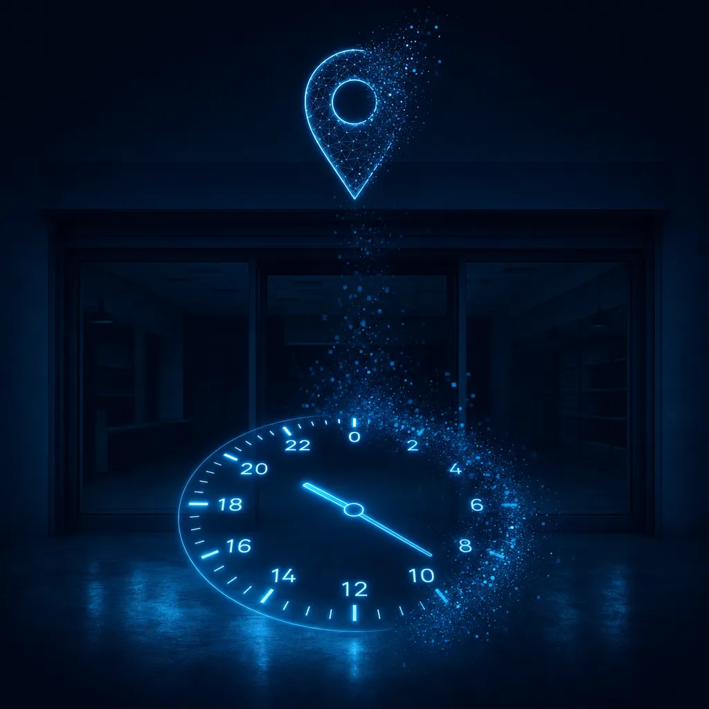 Ilustración del artículo: un reloj abstracto con la mitad de sus horas apagadas sobre un escaparate cerrado