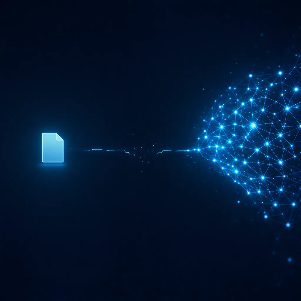 Ilustración del artículo: un archivo de texto flotando desconectado de una red neuronal de IA, sin conexión real.