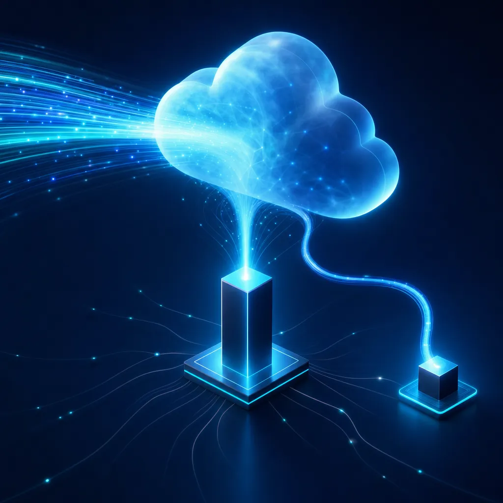 Ilustración del artículo: un flujo de contenido absorbido por una nube de IA mientras una vía menor se desvía hacia un nodo sólido de confianza.