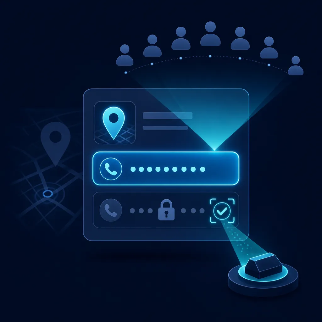 Ilustración del artículo: una ficha de negocio con dos números de teléfono, uno visible al público y otro oculto marcado como verificado por los bots de Google.