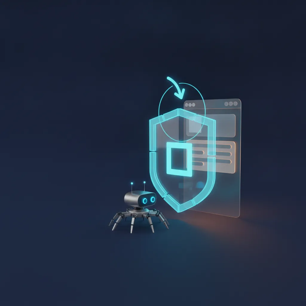 Ilustración del artículo: una barrera con un check de verificación humana frenando a un rastreador web ante la puerta de una web