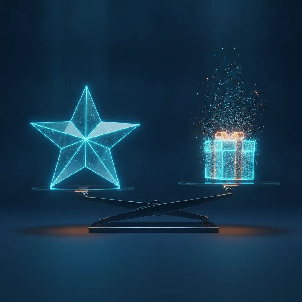 Ilustración del artículo: una estrella de reseña en una balanza frente a una caja de regalo que se deshace en partículas