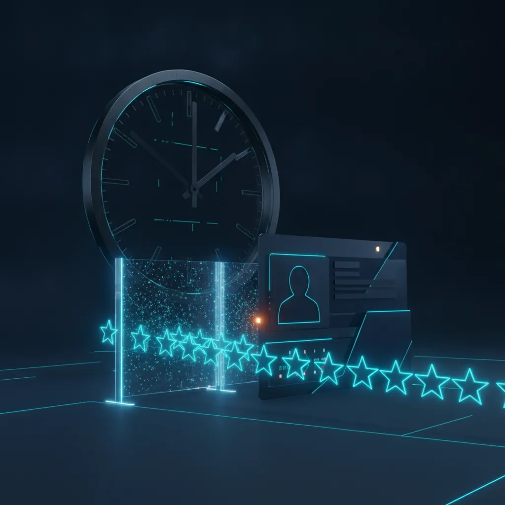 Ilustración del artículo: flujo de estrellas de reseña detenido ante una barrera translúcida vigilada por un gran reloj