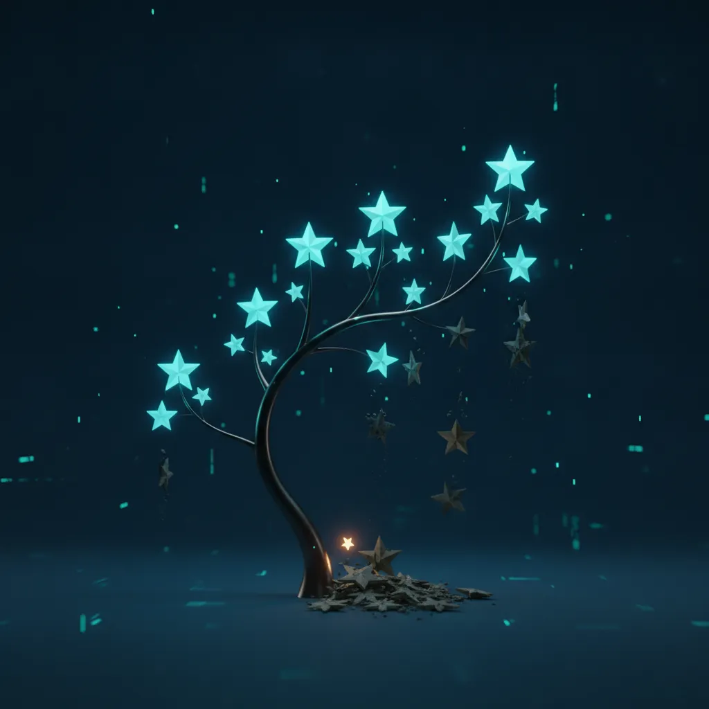 Ilustración del artículo: estrellas nuevas y brillantes brotando en una línea temporal mientras las antiguas se apagan y caen