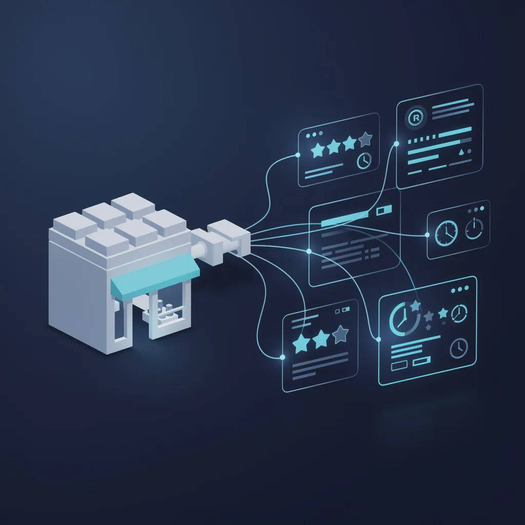 Ilustración del artículo: bloques de datos estructurados conectando una web local con los resultados de Google y las respuestas de IA.