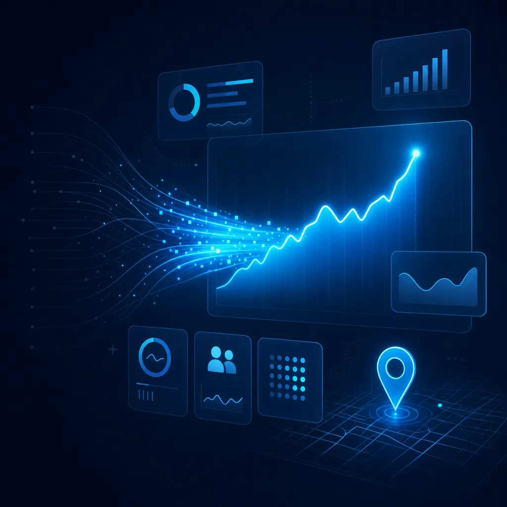 Ilustración del artículo: panel de datos con una línea de tráfico que se ilumina al integrarse un flujo de respuestas con IA.