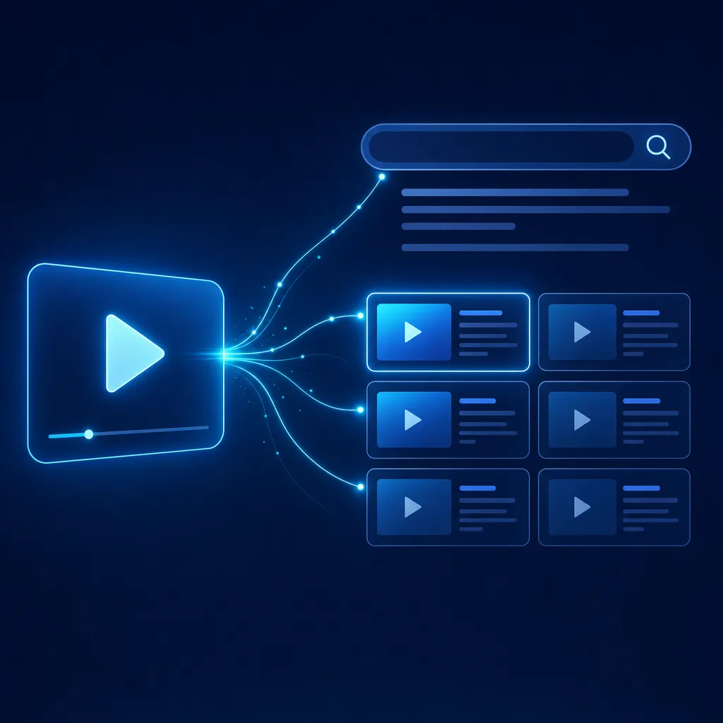 Ilustración del artículo: pantalla de reproducción de vídeo conectada por líneas de datos a un resultado de búsqueda y a las páginas de una web.