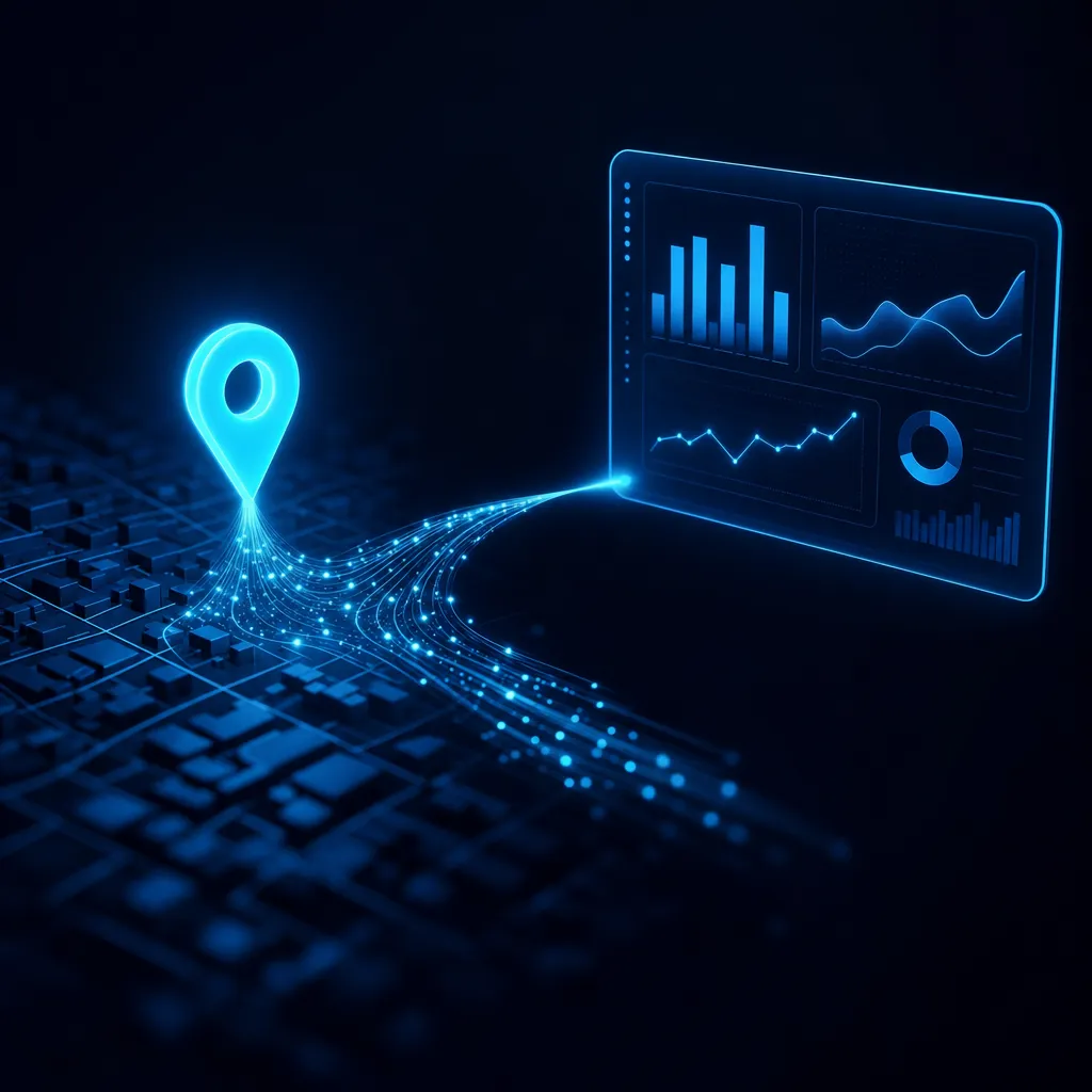 Ilustración del artículo: los datos de una ficha de negocio en el mapa fluyendo hacia un panel de analítica con gráficos de llamadas, rutas y clics.