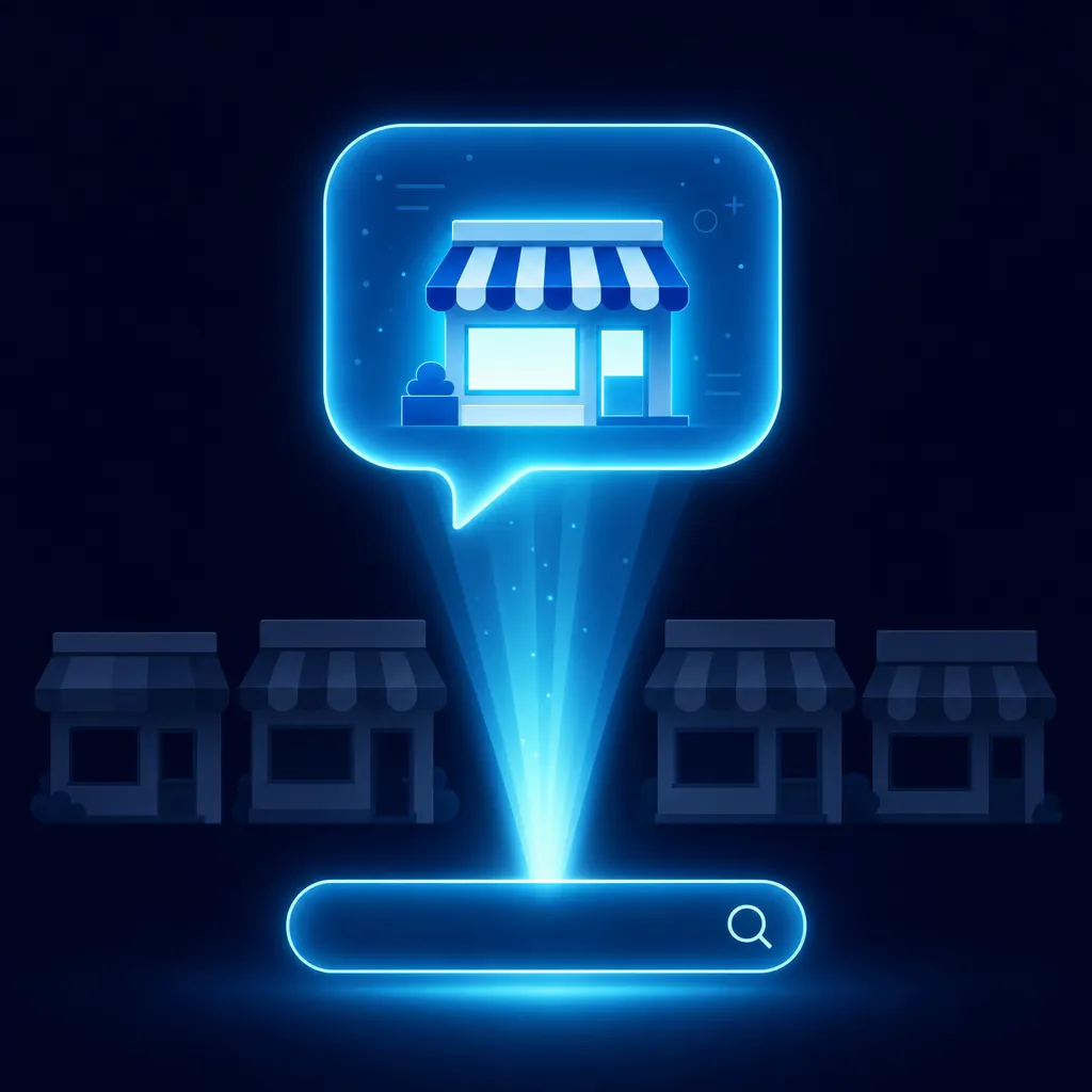 Ilustración del artículo: escaparate de un negocio local iluminado dentro de una respuesta de chat de IA, con negocios vecinos apagados alrededor.